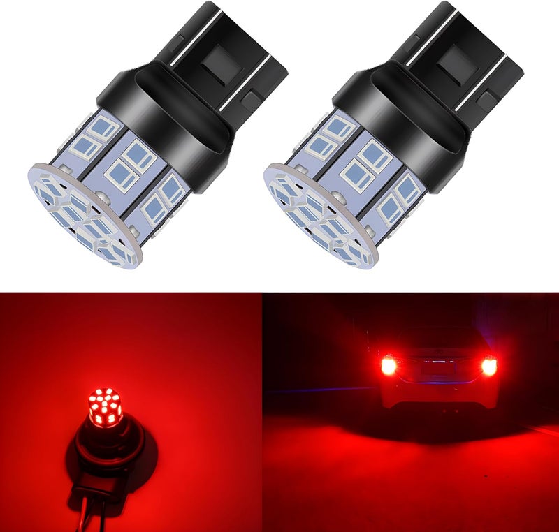 LEDYOTRY 7443 7440 لمبة LED حمراء لمصابيح الفرامل الخلفية، 12V-24V ساطعة للغاية واستهلاك منخفض لمبة 7441 7444 W21W T20 بديل لمصابيح الفرامل، مصابيح خلفية، مصابيح إشارة التوقف، عبوة من 2 - Image 1